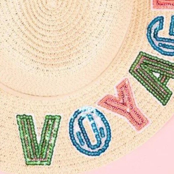 Bon Voyage Sequin Natural Paper Straw Fedora Panama Sun Hat NWT - Picture 3 of 4